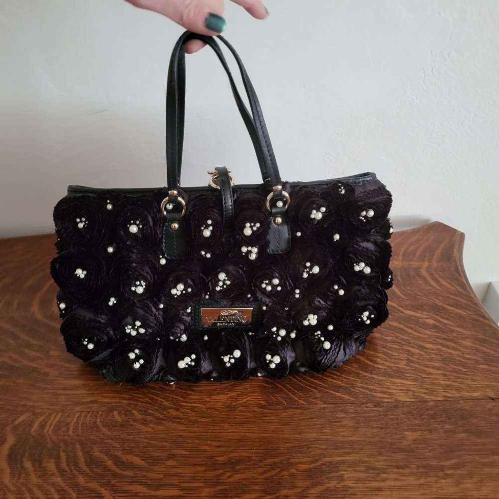 VALENTINO GARAVANI "ROSSIER" Black Velvet Satin Shoulder Handbag